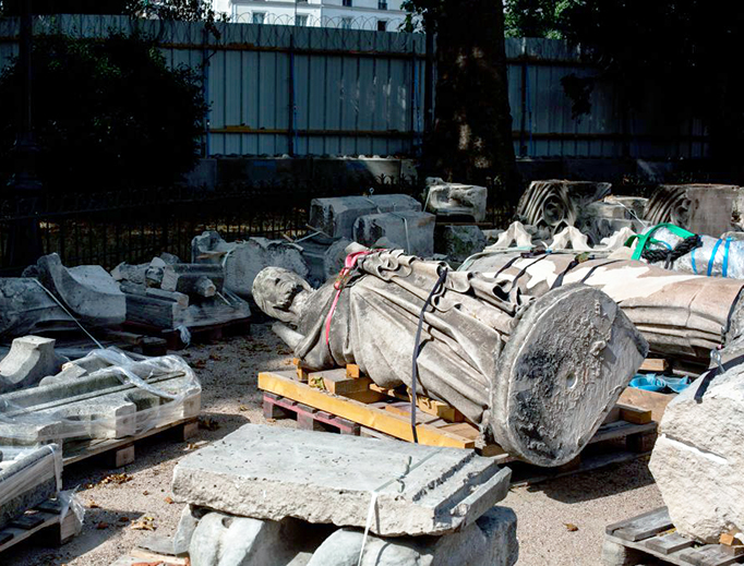 Statues are stored on the grounds of Notre-Dame de Paris Cathedral during preliminary work July 24, 2019, three months after it was badly damaged by an April 15 fire. Statues are stored on the grounds of Notre-Dame de Paris Cathedral during preliminary work July 24, 2019, three months after it was badly damaged by an April 15 fire.