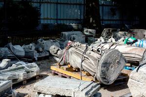 Statues are stored on the grounds of Notre-Dame de Paris Cathedral during preliminary work July 24, 2019, three months after it was badly damaged by an April 15 fire. Statues are stored on the grounds of Notre-Dame de Paris Cathedral during preliminary work July 24, 2019, three months after it was badly damaged by an April 15 fire.