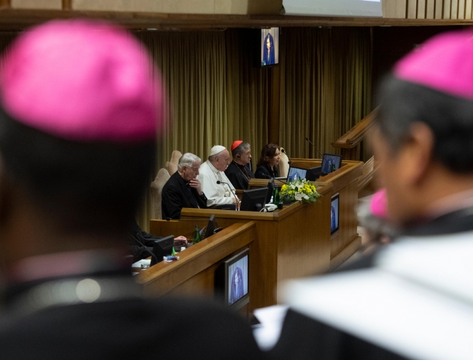 Pope Francis presides at the meeting on protection of minors in the Church in the Vatican's New Synod Hall Feb. 25. Pope Francis presides at the meeting on protection of minors in the Church in the Vatican's New Synod Hall Feb. 25.