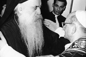 Pope Paul VI and Patriarch Athenagoras meet Jan. 5, 1964, in Jerusalem. Pope Paul VI and Patriarch Athenagoras meet Jan. 5, 1964, in Jerusalem.