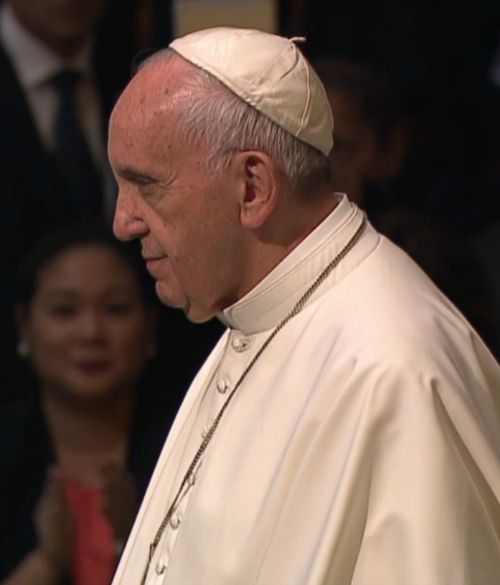 Pope Francis stands as delegates applaud at the conclusion of his Sept. 25 address to the U.N. General Assembly. Pope Francis stands as delegates applaud at the conclusion of his Sept. 25 address to the U.N. General Assembly.