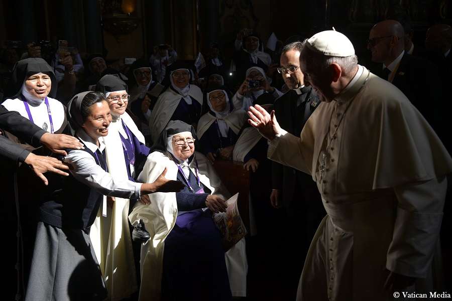 Above, Pope Francis prays Terce with contemplative sisters in Lima, Peru, Jan. 21. Below, Francis venerates Peruvian saints Jan. 21. Above, Pope Francis prays Terce with contemplative sisters in Lima, Peru, Jan. 21. Below, Francis venerates Peruvian saints Jan. 21.