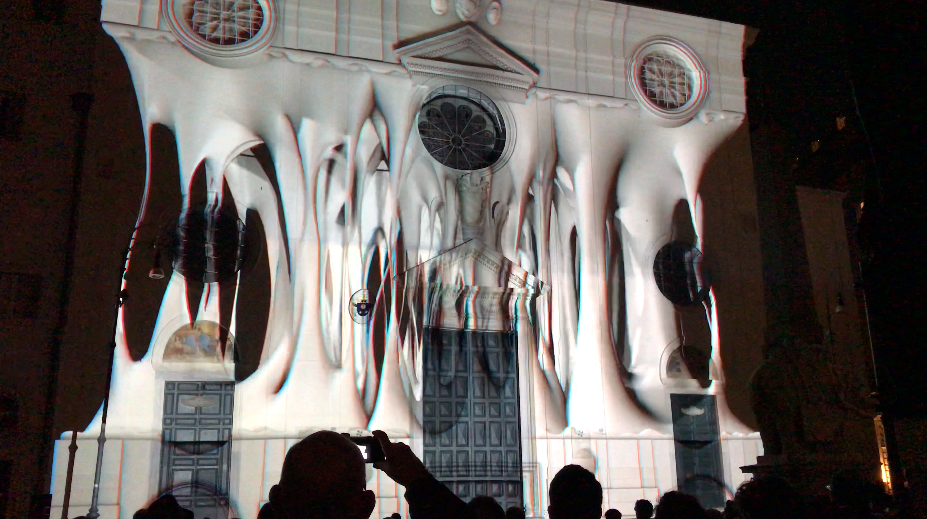 An image of the Solid Light Festival show, projected onto the facade of the basilica of Santa Maria Sopra Minerva. An image of the Solid Light Festival show, projected onto the facade of the basilica of Santa Maria Sopra Minerva.