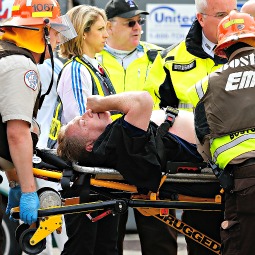 A man is loaded into an ambulance after he was injured by one of two bombs exploded during the 117th Boston Marathon near Copley Square on April 15 in Boston.
A man is loaded into an ambulance after he was injured by one of two bombs exploded during the 117th Boston Marathon near Copley Square on April 15 in Boston.
