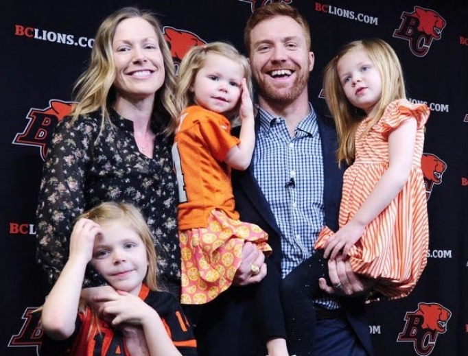 Travis Lulay, accompanied by wife Kim and three daughters, attends a retirement press conference in February 2019. Travis Lulay, accompanied by wife Kim and three daughters, attends a retirement press conference in February 2019.