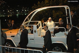 Pope Francis arriving to the media center at Forte Copa on Copacabana beach as he makes his way to the prayer vigil July 27. Pope Francis arriving to the media center at Forte Copa on Copacabana beach as he makes his way to the prayer vigil July 27.