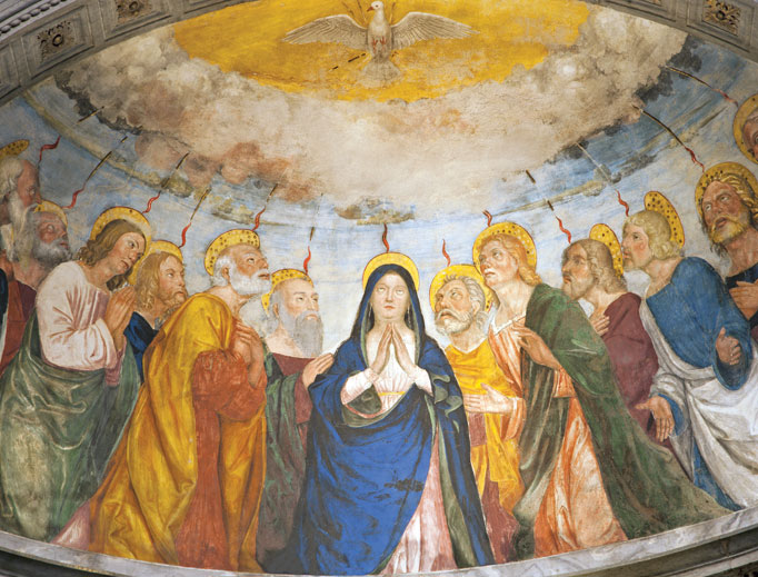A painting depicting Pentecost from the year 1506, designed by Angelo di Giovanni, adorns the apse of the Chapel Miniscalchi in St. Anastasia Church in Verona, Italy. A painting depicting Pentecost from the year 1506, designed by Angelo di Giovanni, adorns the apse of the Chapel Miniscalchi in St. Anastasia Church in Verona, Italy.