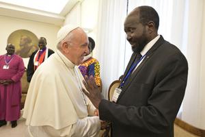 Pope Francis greets President Salva Kiir Mayardit of South Sudan during a spiritual retreat for South Sudan leaders at the Vatican April 11. Pope Francis greets President Salva Kiir Mayardit of South Sudan during a spiritual retreat for South Sudan leaders at the Vatican April 11.