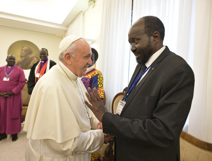 Pope Francis greets President Salva Kiir Mayardit of South Sudan during a spiritual retreat for South Sudan leaders at the Vatican April 11. Pope Francis greets President Salva Kiir Mayardit of South Sudan during a spiritual retreat for South Sudan leaders at the Vatican April 11.