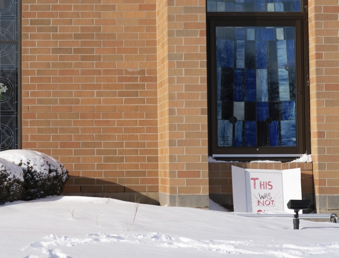 A sign reading 'This was not okay' is seen in front of Covington Catholic High School in Park Kills, Kentucky, Jan 20. A sign reading 'This was not okay' is seen in front of Covington Catholic High School in Park Kills, Kentucky, Jan 20.