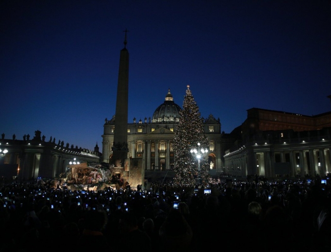 The Christmas tree and crèche in St. Peter’s Square on Dec. 9. The Christmas tree and crèche in St. Peter’s Square on Dec. 9.