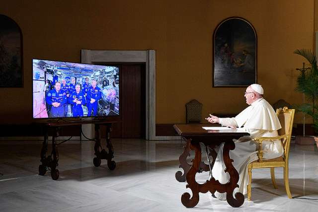 Pope Francis talks with the crew on the International Space Station Oct. 26. Pope Francis talks with the crew on the International Space Station Oct. 26.