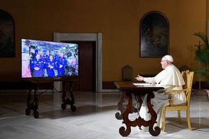 Pope Francis talks with the crew on the International Space Station Oct. 26. Pope Francis talks with the crew on the International Space Station Oct. 26.