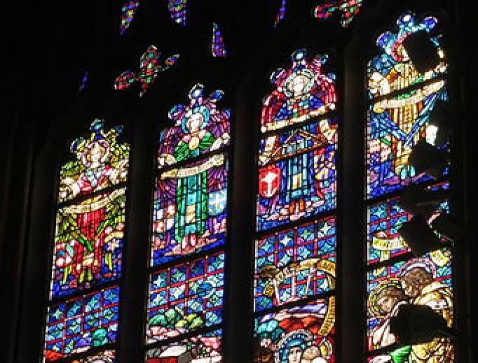 Stained glass window inside Detroit's Most Blessed Sacrament Cathedral. Stained glass window inside Detroit's Most Blessed Sacrament Cathedral.