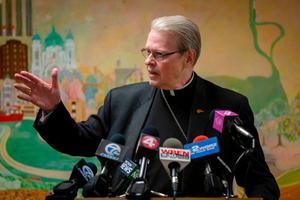 Bishop Edward Scharfenberger of Albany, New York, shown speaking to members of the media following the resignation of Bishop Richard Malone during a news conference Dec. 4 in Buffalo, New York, was appointed by Pope Francis as apostolic administrator of the Buffalo Diocese until a replacement is named for Buffalo. Bishop Edward Scharfenberger of Albany, New York, shown speaking to members of the media following the resignation of Bishop Richard Malone during a news conference Dec. 4 in Buffalo, New York, was appointed by Pope Francis as apostolic administrator of the Buffalo Diocese until a replacement is named for Buffalo.