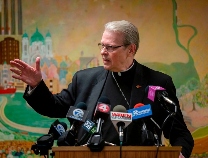 Bishop Edward Scharfenberger of Albany, New York, shown speaking to members of the media following the resignation of Bishop Richard Malone during a news conference Dec. 4 in Buffalo, New York, was appointed by Pope Francis as apostolic administrator of the Buffalo Diocese until a replacement is named for Buffalo. Bishop Edward Scharfenberger of Albany, New York, shown speaking to members of the media following the resignation of Bishop Richard Malone during a news conference Dec. 4 in Buffalo, New York, was appointed by Pope Francis as apostolic administrator of the Buffalo Diocese until a replacement is named for Buffalo.
