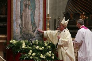 Pope Francis venerates an image of Our Lady of Guadalupe while celebrating Mass in St. Peter's Basilica on Dec. 12. Pope Francis venerates an image of Our Lady of Guadalupe while celebrating Mass in St. Peter's Basilica on Dec. 12.
