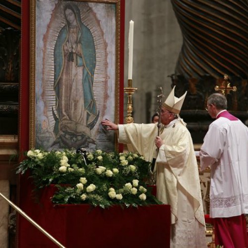 Pope Francis venerates an image of Our Lady of Guadalupe while celebrating Mass in St. Peter's Basilica on Dec. 12. Pope Francis venerates an image of Our Lady of Guadalupe while celebrating Mass in St. Peter's Basilica on Dec. 12.