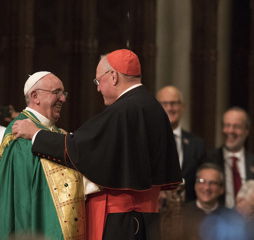 Pope Francis thanks Cardinal Timothy Dolan for the warm welcome at St. Patrick's Cathedral in New York on Sept. 24. Pope Francis thanks Cardinal Timothy Dolan for the warm welcome at St. Patrick's Cathedral in New York on Sept. 24.