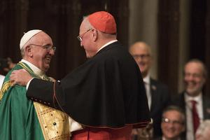 Pope Francis thanks Cardinal Timothy Dolan for the warm welcome at St. Patrick's Cathedral in New York on Sept. 24. Pope Francis thanks Cardinal Timothy Dolan for the warm welcome at St. Patrick's Cathedral in New York on Sept. 24.