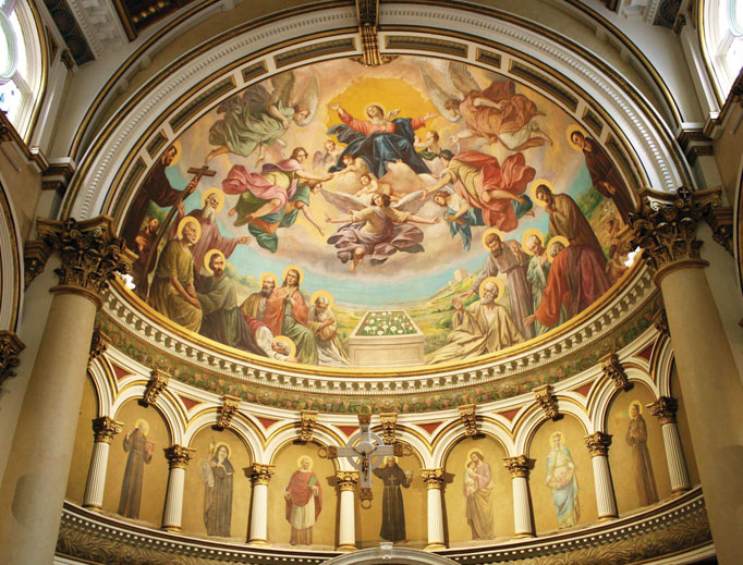 The ornate dome draws eyes upward in the first Catholic church built in New England by Italian immigrants. Marian and saints’ images decorate the sanctuary. The ornate dome draws eyes upward in the first Catholic church built in New England by Italian immigrants. Marian and saints’ images decorate the sanctuary.