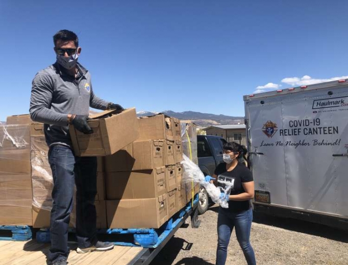 Volunteers deliver food baskets to New Mexico's Acoma pueblo from the "Knights of Columbus Covid-19 Relief Canteen", April 2020. Volunteers deliver food baskets to New Mexico's Acoma pueblo from the "Knights of Columbus Covid-19 Relief Canteen", April 2020.