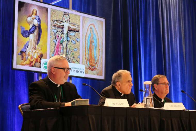 From left to right: Bishop Christopher Coyne, Cardinal Daniel DiNardo and Bishop Timothy Doherty at the USCCB news conference in Baltimore Nov. 12.
From left to right: Bishop Christopher Coyne, Cardinal Daniel DiNardo and Bishop Timothy Doherty at the USCCB news conference in Baltimore Nov. 12.