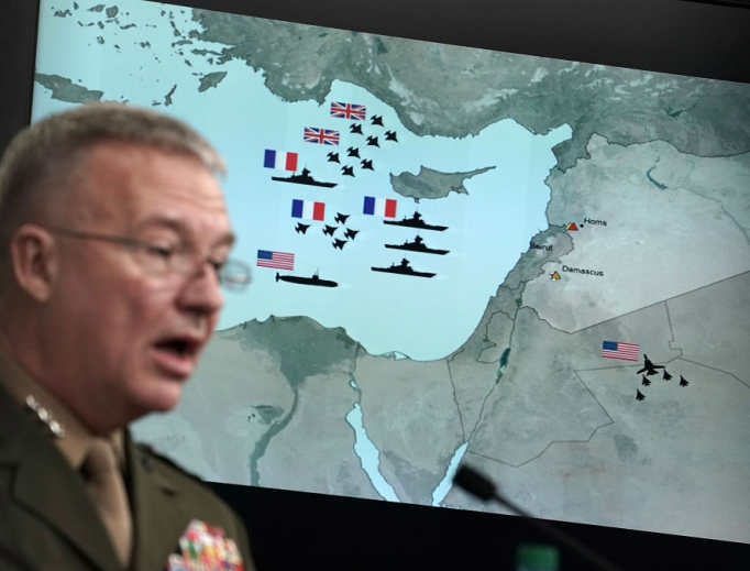 U.S. Marine Lt. Gen. Kenneth F. McKenzie Jr. speaks during a news briefing at the Pentagon April 14 in Arlington, Virginia. The Pentagon held a briefing on the latest development of the strike in Syria.
U.S. Marine Lt. Gen. Kenneth F. McKenzie Jr. speaks during a news briefing at the Pentagon April 14 in Arlington, Virginia. The Pentagon held a briefing on the latest development of the strike in Syria.