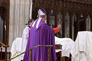 Cardinal Dolan blesses the remains of immigrants who died of coronavirus inside St. Patrick's Cathedral in Manhattan on July 11, 2020. Cardinal Dolan blesses the remains of immigrants who died of coronavirus inside St. Patrick's Cathedral in Manhattan on July 11, 2020.