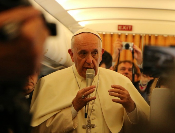 Pope Francis speaks to journalists on the papal flight from Rome to Armenia on June 24, 2016. Pope Francis speaks to journalists on the papal flight from Rome to Armenia on June 24, 2016.