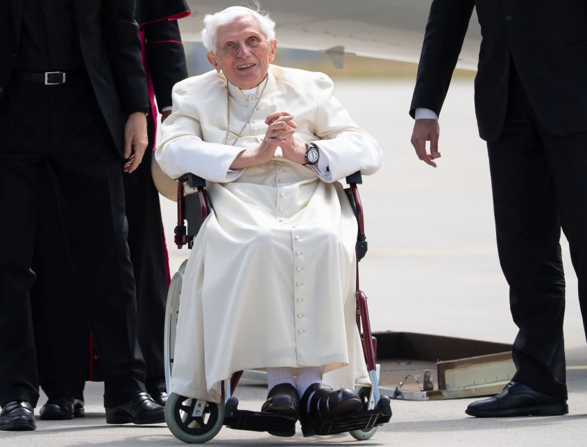 Pope Emeritus Benedict XVI prepares to depart the Munich, Germany, airport on June 22, 2020, after visiting his ailing brother. Pope Emeritus Benedict XVI prepares to depart the Munich, Germany, airport on June 22, 2020, after visiting his ailing brother.