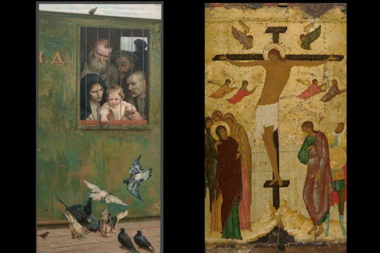 Nikolay Yaroshenko, Life Is Everywhere 1888 (l); Dionysius, The Crucifixion, 1500. Nikolay Yaroshenko, Life Is Everywhere 1888 (l); Dionysius, The Crucifixion, 1500.