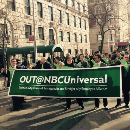 Supporters of Out@NBCUniversal, an organization that promotes LBGT rights, march in the 2015 St. Patrick's Day Parade in New York City. Supporters of Out@NBCUniversal, an organization that promotes LBGT rights, march in the 2015 St. Patrick's Day Parade in New York City.