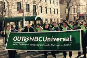 Supporters of Out@NBCUniversal, an organization that promotes LBGT rights, march in the 2015 St. Patrick's Day Parade in New York City. Supporters of Out@NBCUniversal, an organization that promotes LBGT rights, march in the 2015 St. Patrick's Day Parade in New York City.