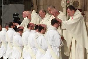 Above, Father Thomas Petri blesses a new priest on May 21. Below, the Dominicans featured in this story. Above, Father Thomas Petri blesses a new priest on May 21. Below, the Dominicans featured in this story.