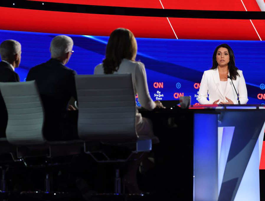 Tulsi Gabbard speaks onstage during the Democratic primary debate Oct. 15 at Otterbein University in Westerville, Ohio.
Tulsi Gabbard speaks onstage during the Democratic primary debate Oct. 15 at Otterbein University in Westerville, Ohio.