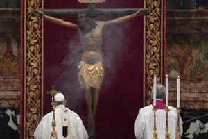 Pope Francis celebrating the solemn Mass of the Lord's Supper on Holy Thursday, April 9, 2020. Pope Francis celebrating the solemn Mass of the Lord's Supper on Holy Thursday, April 9, 2020.