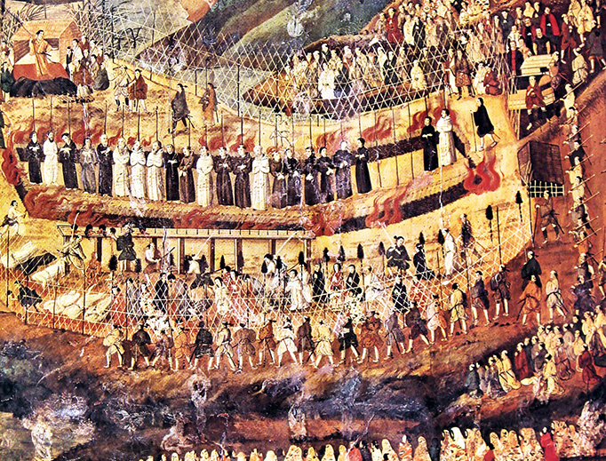 The Christian martyrs of Nagasaki are depicted by an unknown 17th century Japanese artist. The Christian martyrs of Nagasaki are depicted by an unknown 17th century Japanese artist.