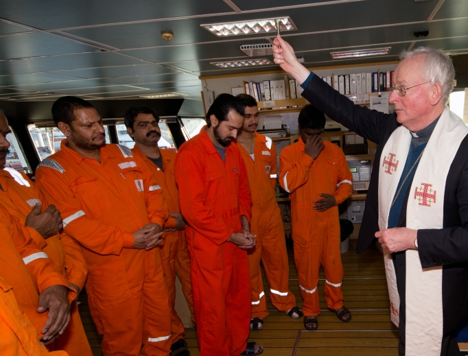 The Malaviya 7 crew is blessed by Benedictine Bishop Hugh Gilbert of Aberdeen, Scotland. The Apostleship of the Sea keeps seamen rooted to their faith on the open waters. The Malaviya 7 crew is blessed by Benedictine Bishop Hugh Gilbert of Aberdeen, Scotland. The Apostleship of the Sea keeps seamen rooted to their faith on the open waters.