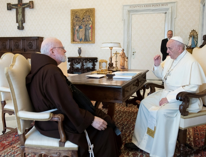 Pope Francis speaks with Boston Cardinal Seán O’Malley April 19, 2018, in Vatican City. Cardinal O’Malley has raised fundamental questions about the Vatican approach to dealing with sexual abuse.
Pope Francis speaks with Boston Cardinal Seán O’Malley April 19, 2018, in Vatican City. Cardinal O’Malley has raised fundamental questions about the Vatican approach to dealing with sexual abuse.