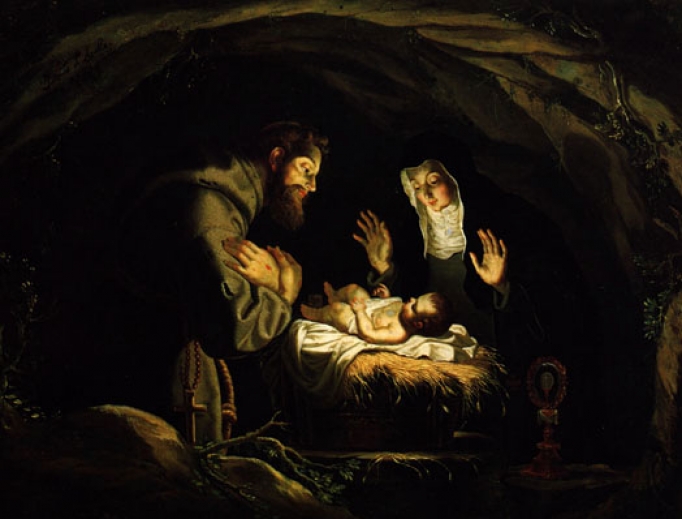 17th -century painting of Sts. Francis and Clare adoring Baby Jesus 17th -century painting of Sts. Francis and Clare adoring Baby Jesus