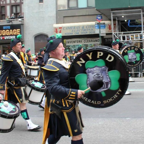 The NYPD Emerald Society Pipe & Drum Band marches in the 2014 New York City St. Patrick's Day Parade. The NYPD Emerald Society Pipe & Drum Band marches in the 2014 New York City St. Patrick's Day Parade.