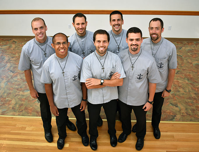 Front row (left to right): Br. Ray Morris, Br. Brandt Haglund, and Br. Martin Buganski. Back row (left to right): Br. Patrick Stucker, Br. Matthew Warnez, Br. Austin Riordan, and Br. Logan Murray. Front row (left to right): Br. Ray Morris, Br. Brandt Haglund, and Br. Martin Buganski. Back row (left to right): Br. Patrick Stucker, Br. Matthew Warnez, Br. Austin Riordan, and Br. Logan Murray.