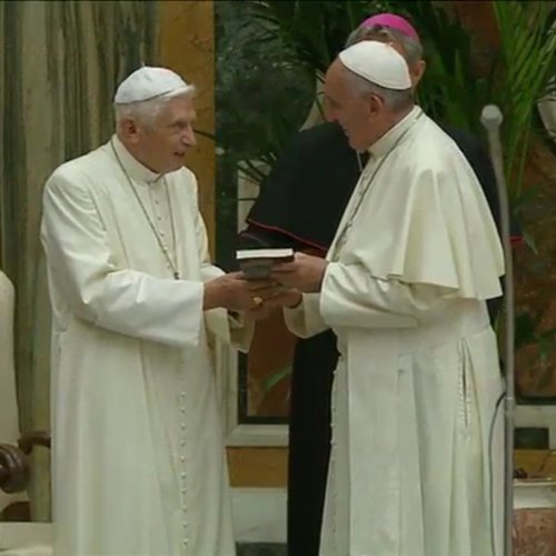 On June 28, Benedict XVI gives Pope Francis a book of his homilies, published to commemorate his 65th anniversary as a priest. On June 28, Benedict XVI gives Pope Francis a book of his homilies, published to commemorate his 65th anniversary as a priest.