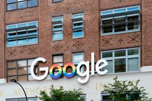 Google sign with rainbow colors outside the Google office in New York City during Pride Parade. Google sign with rainbow colors outside the Google office in New York City during Pride Parade.