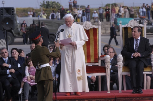 Pope Benedict XVI about to give his address at Malta's airport. Pope Benedict XVI about to give his address at Malta's airport.