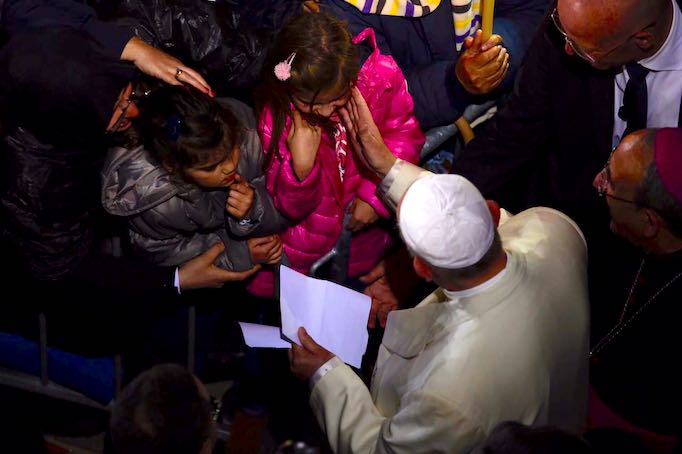 Pope Francis greeting two young children as he arrives for this evening's vigil at the Chapel of the Apparitions, May 12, 2017. Pope Francis greeting two young children as he arrives for this evening's vigil at the Chapel of the Apparitions, May 12, 2017.