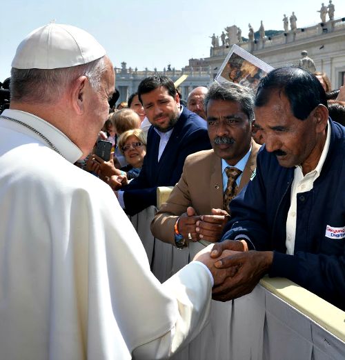 Ashiq Mesih, the husband of Asia Bibi, meets with Pope Francis after the Holy Father's general audience on April 15. Ashiq Mesih, the husband of Asia Bibi, meets with Pope Francis after the Holy Father's general audience on April 15.