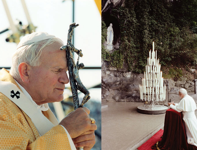Pope John Paul II prays (r) in the grotto at the Shrine of Our Lady of Lourdes in Lourdes, France, in 1983. John Paul II, who died 12 years ago April 2, shown (l) in Taranto, Italy, in 1989. Pope John Paul II prays (r) in the grotto at the Shrine of Our Lady of Lourdes in Lourdes, France, in 1983. John Paul II, who died 12 years ago April 2, shown (l) in Taranto, Italy, in 1989.