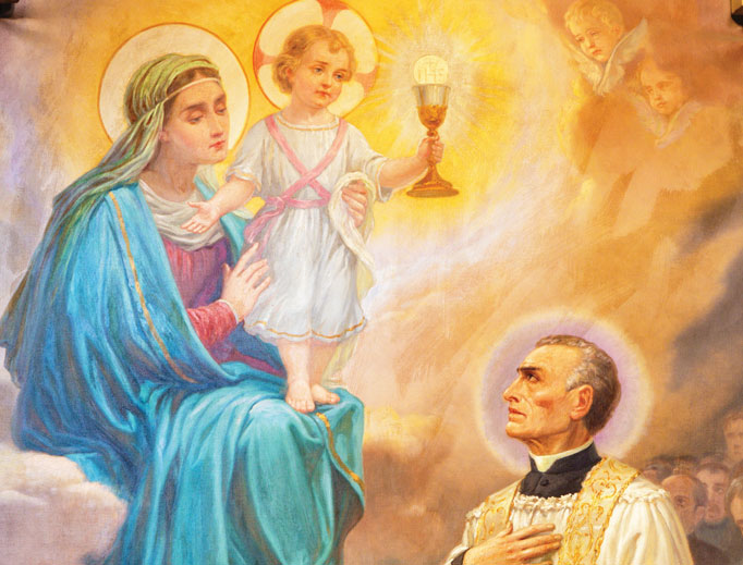Painting of Our Lady of the Blessed Sacrament appearing to St. Peter Eymard in the Church of Santa Maria di Piazza by an unknown artist. Painting of Our Lady of the Blessed Sacrament appearing to St. Peter Eymard in the Church of Santa Maria di Piazza by an unknown artist.
